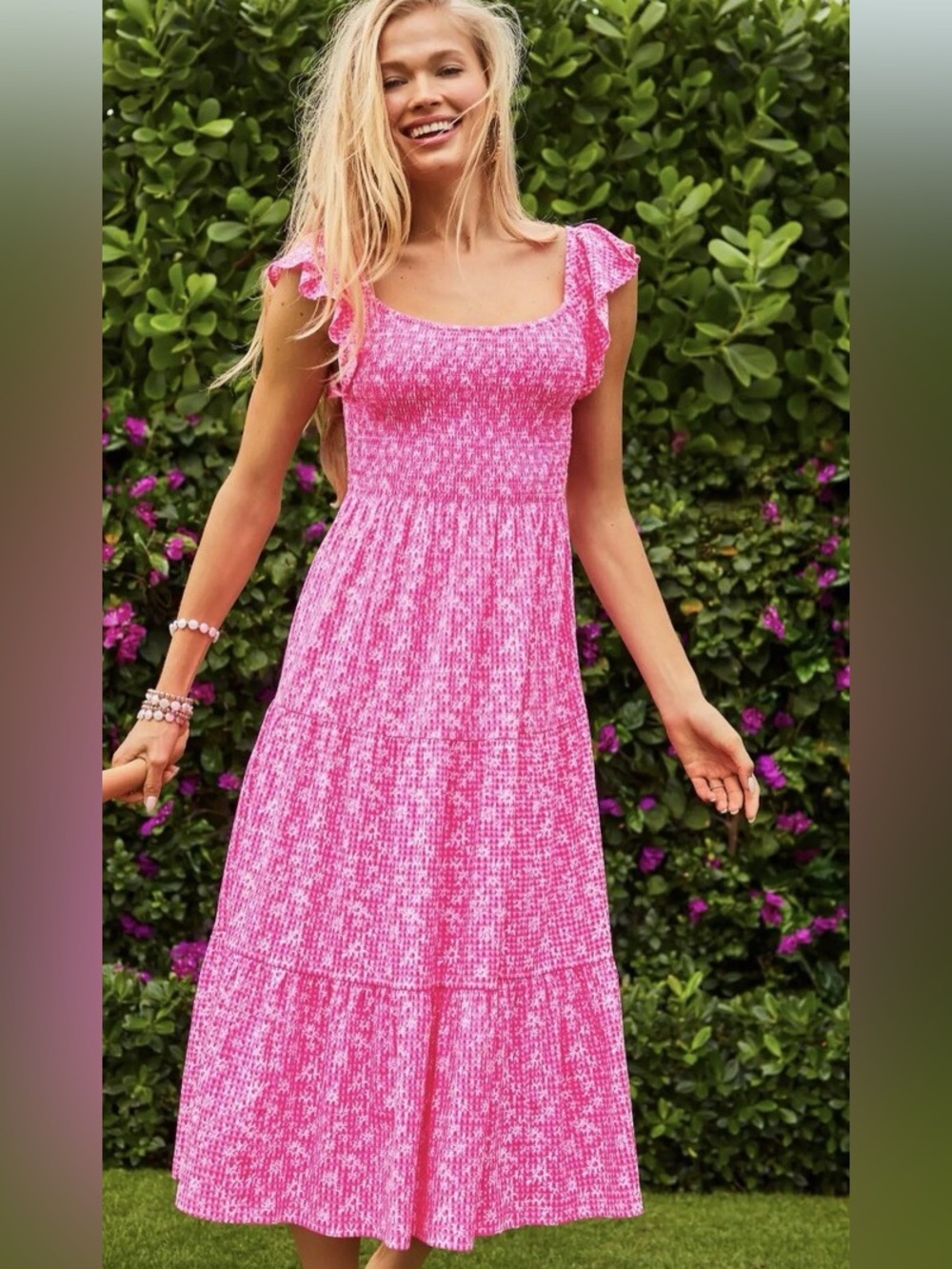 Lilly Pulitzer Jilly Smocked Flutter Sleeve Pink Tiered Midi Dress
